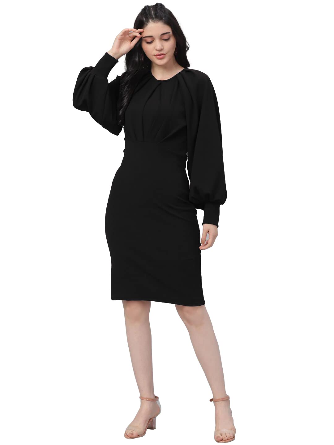 Shasmi Women's Comfortable Mustard Round Neck Full Sleeve Solid Midi Bodycon Casual Western Stylish Dress