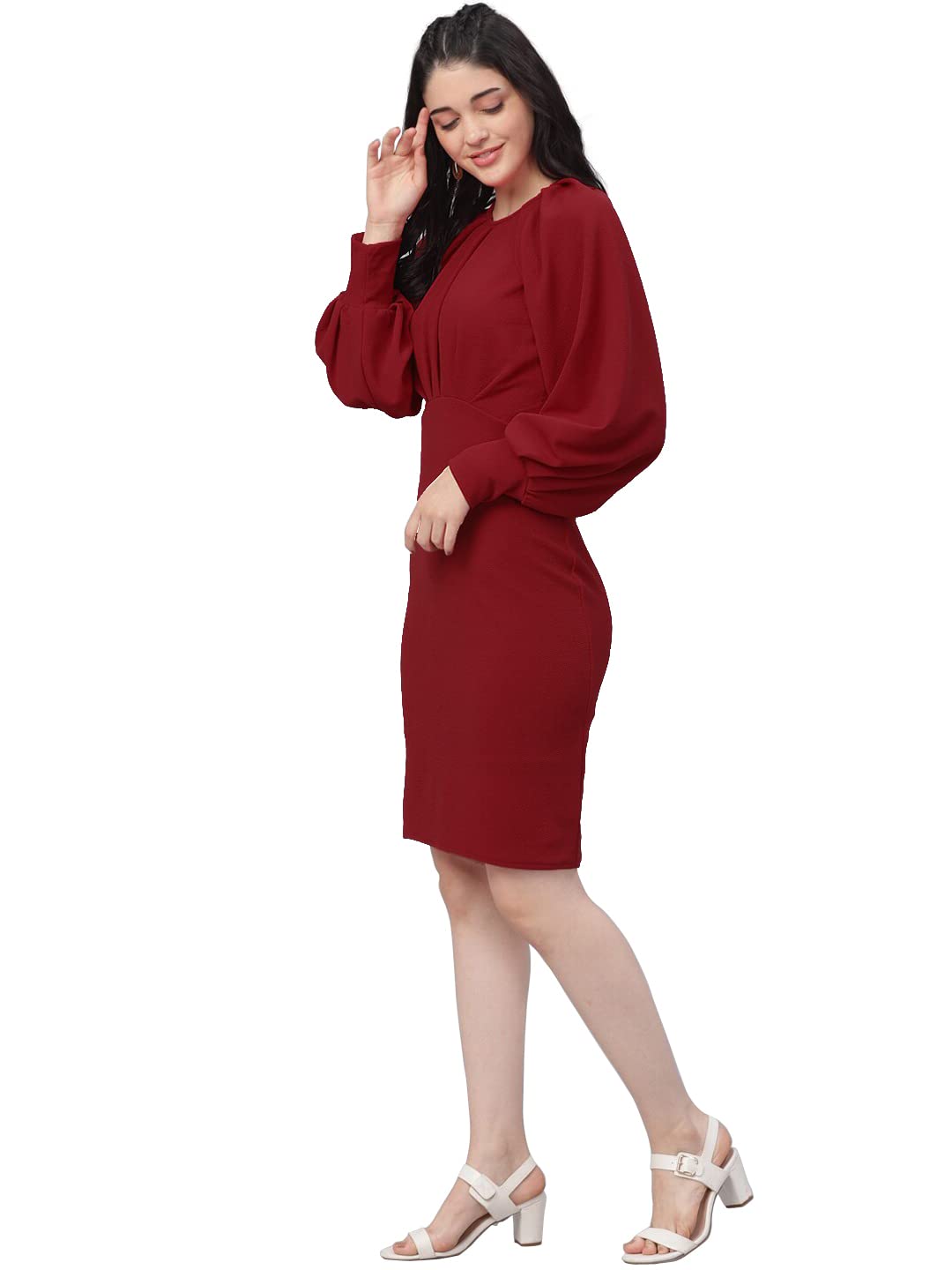 Shasmi Women's Comfortable Mustard Round Neck Full Sleeve Solid Midi Bodycon Casual Western Stylish Dress