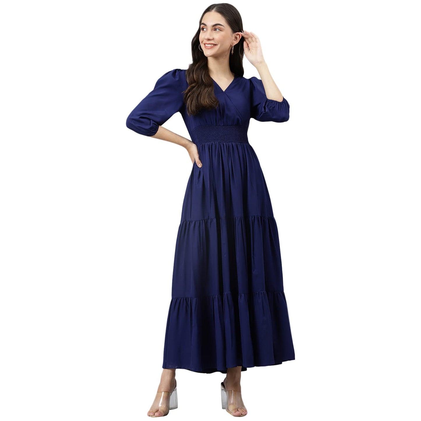DEEBACO Women's Fit & Flare Maxi Dress|V-Neck|Full Length Long Dresses for Women|A-Line Dress|Stylish for Ladies|Beach Dress for Women