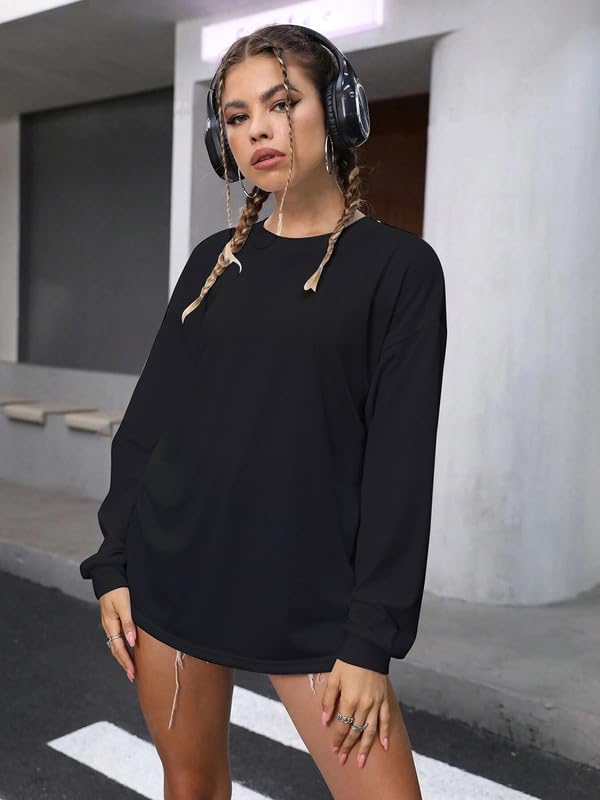 CHKOKKO Oversized Round Neck Drop Shoulder Solid