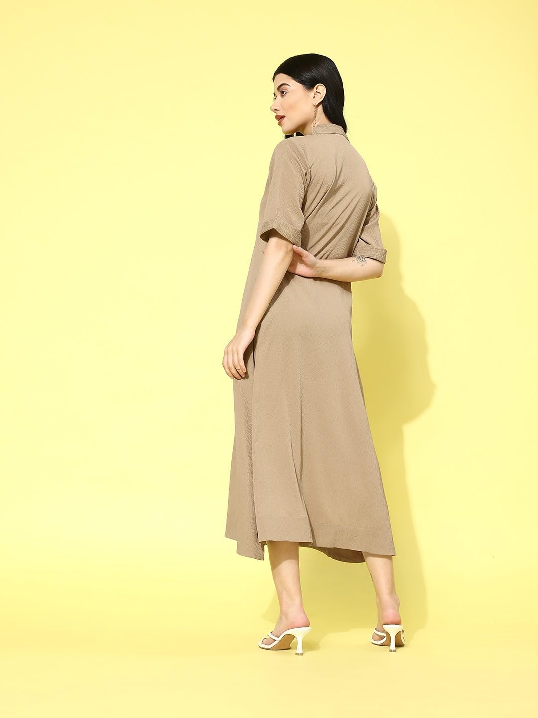 Varanga Women Beige Shirt Collar A-Line Dress