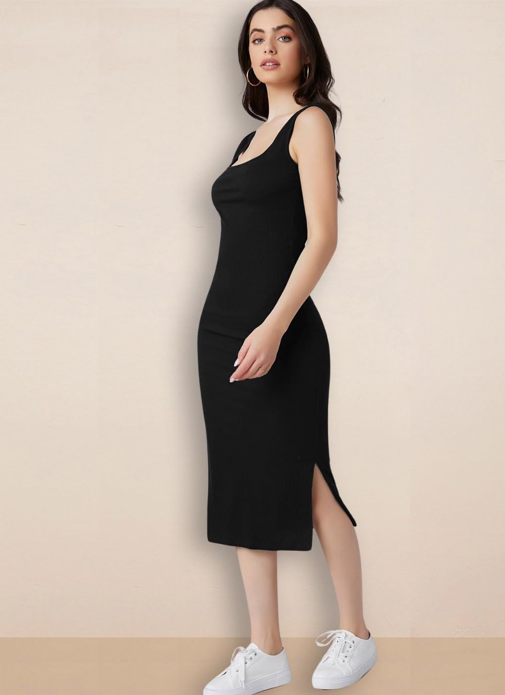 rosery paris Square Neck Sleeveless Black Bodycon Dress for Women and Casual wear
