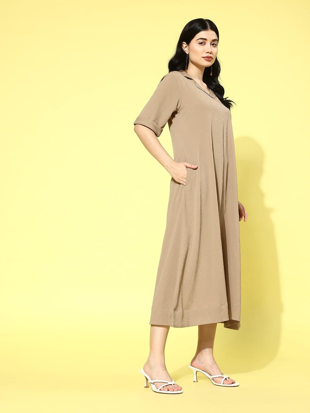 Varanga Women Beige Shirt Collar A-Line Dress