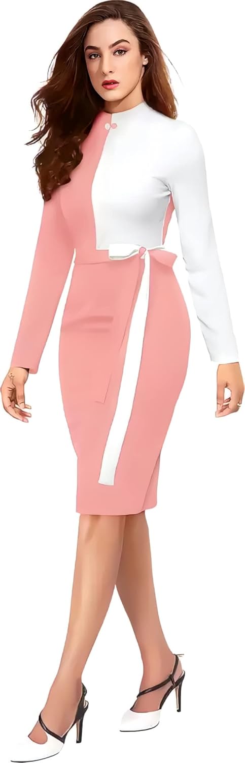 ZELZIS Women Polyester Colourblock Western Bodycon One Piece Dress (Classic Coller with Comfortable Belt)
