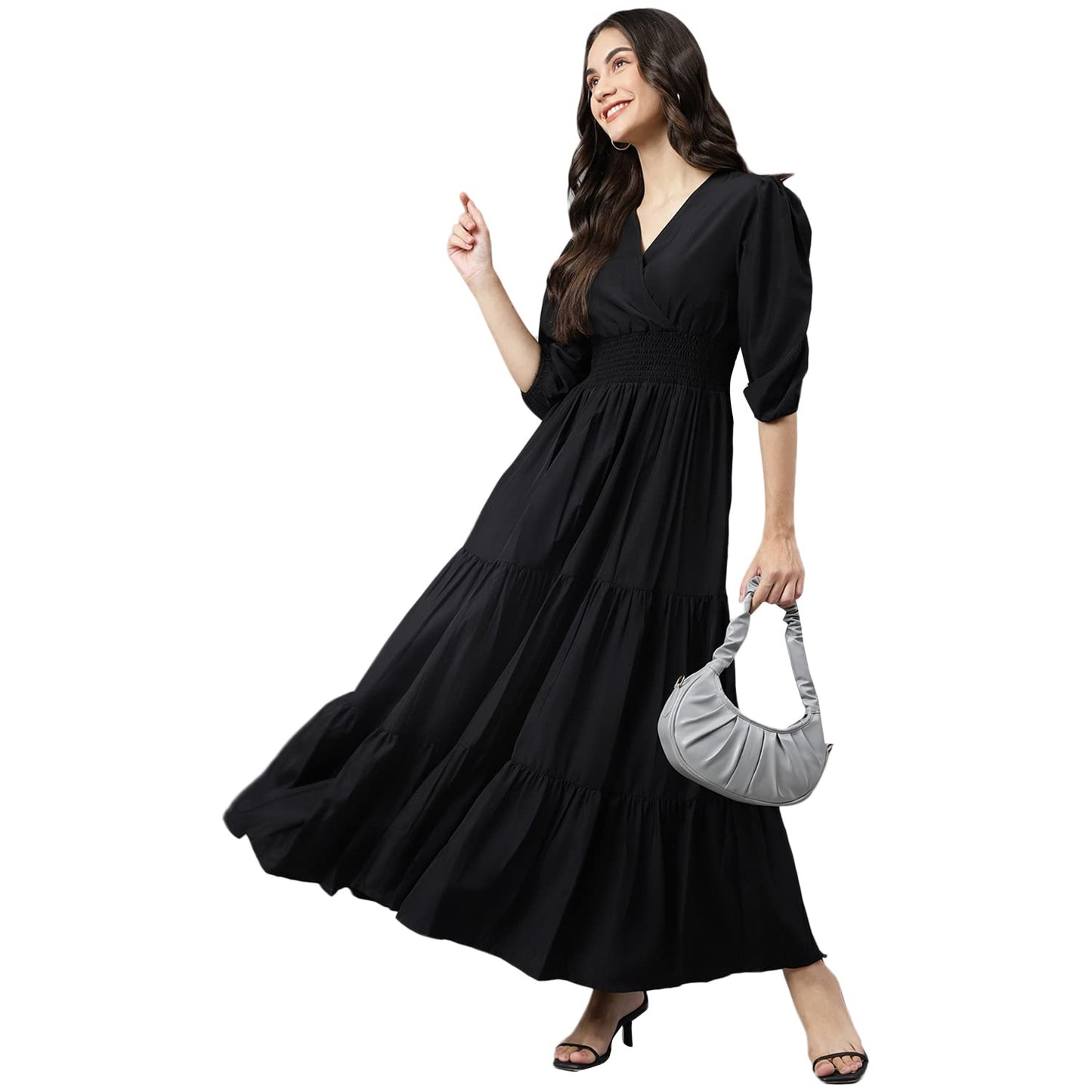 DEEBACO Women's Fit & Flare Maxi Dress|V-Neck|Full Length Long Dresses for Women|A-Line Dress|Stylish for Ladies|Beach Dress for Women