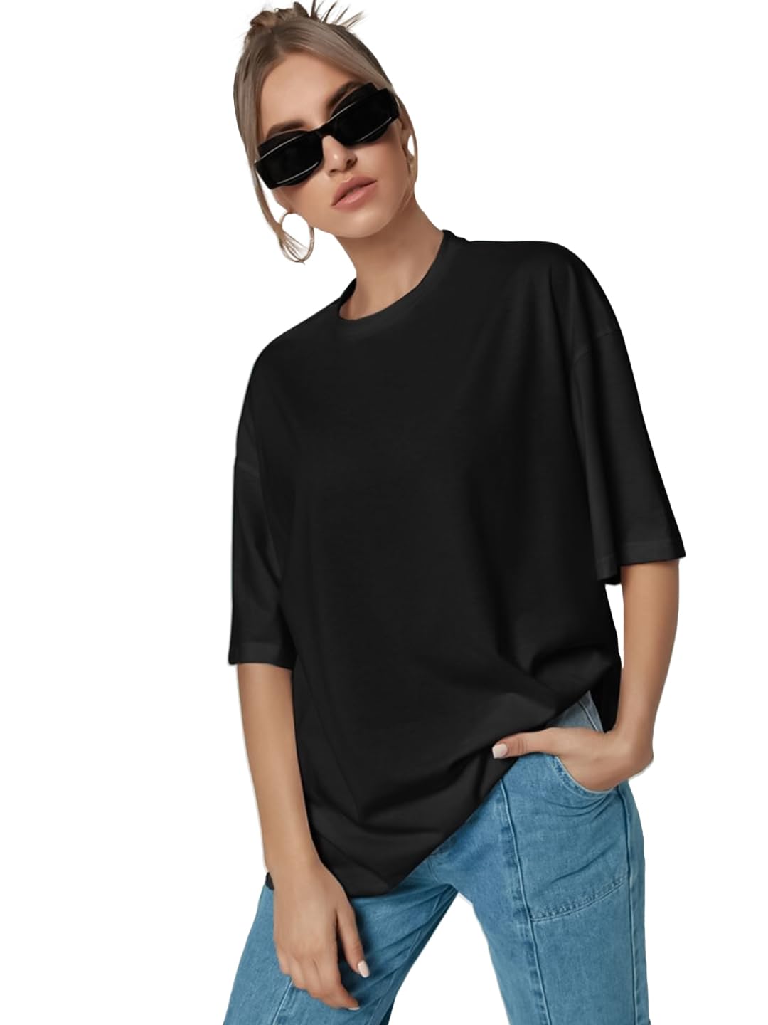 CHKOKKO Oversized Round Neck Drop Shoulder Solid