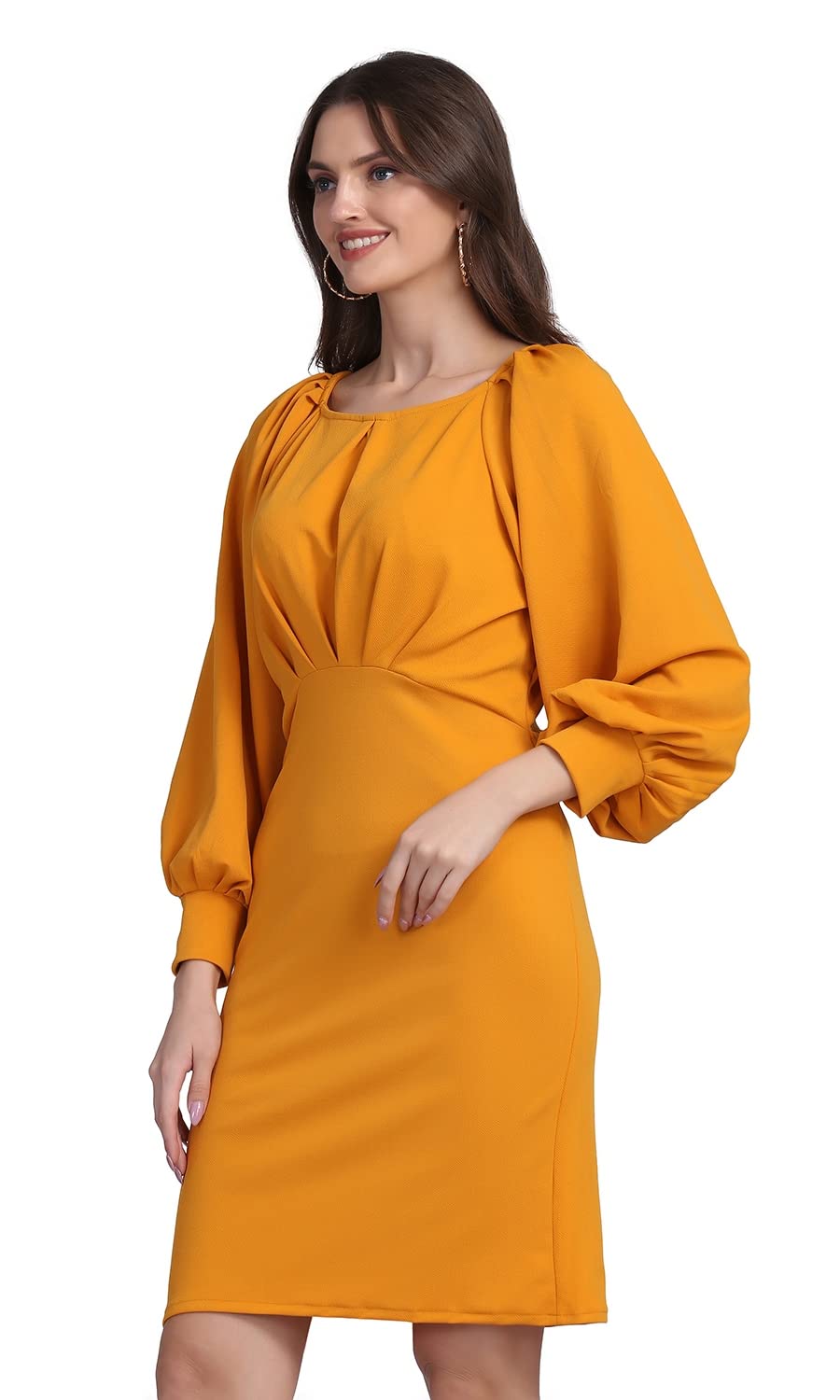Shasmi Women's Comfortable Mustard Round Neck Full Sleeve Solid Midi Bodycon Casual Western Stylish Dress