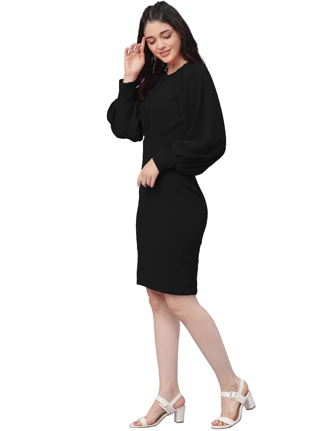Shasmi Women's Comfortable Mustard Round Neck Full Sleeve Solid Midi Bodycon Casual Western Stylish Dress