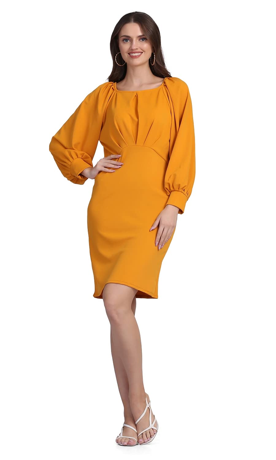 Shasmi Women's Comfortable Mustard Round Neck Full Sleeve Solid Midi Bodycon Casual Western Stylish Dress