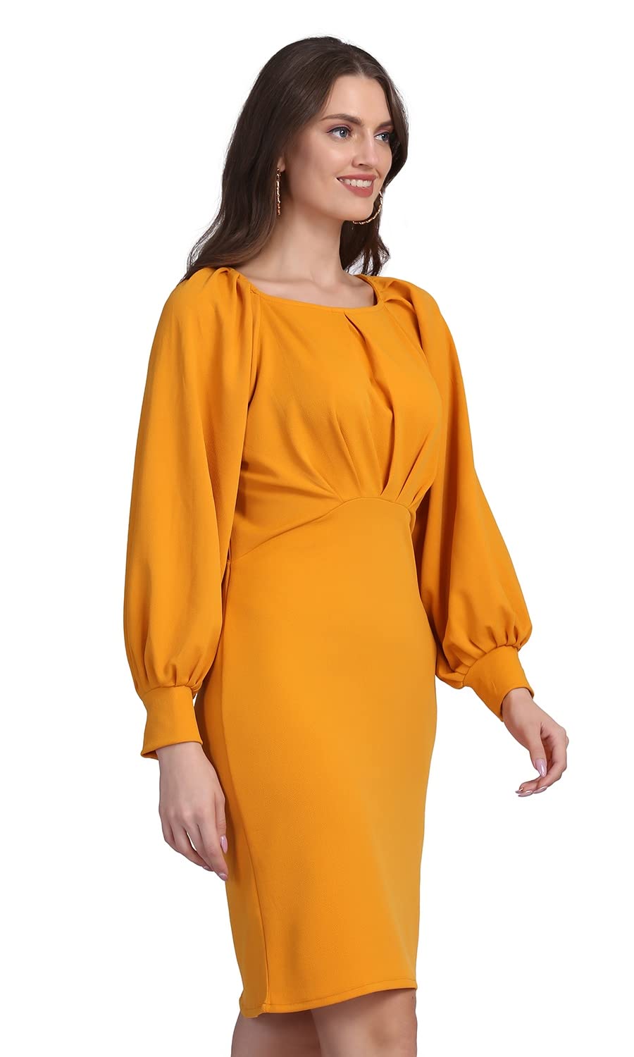 Shasmi Women's Comfortable Mustard Round Neck Full Sleeve Solid Midi Bodycon Casual Western Stylish Dress