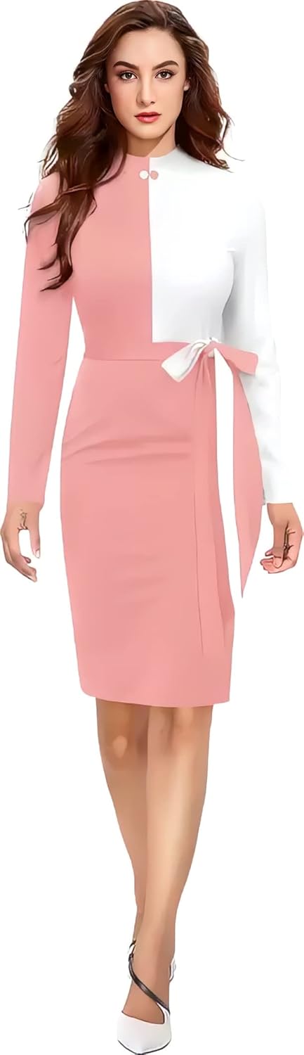ZELZIS Women Polyester Colourblock Western Bodycon One Piece Dress (Classic Coller with Comfortable Belt)