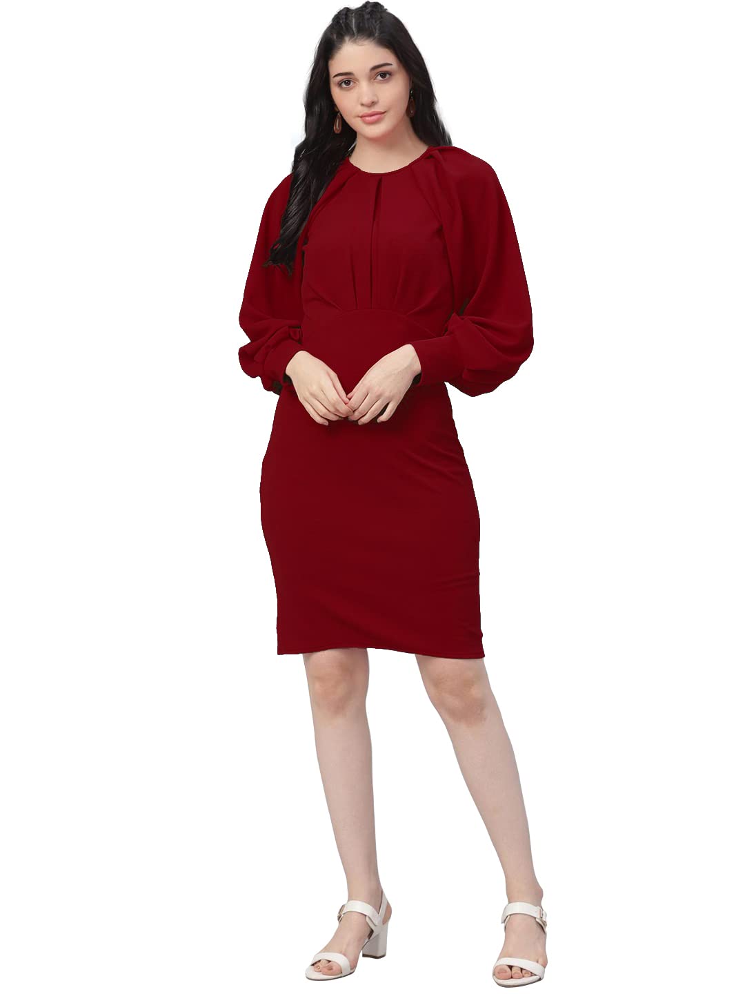 Shasmi Women's Comfortable Mustard Round Neck Full Sleeve Solid Midi Bodycon Casual Western Stylish Dress