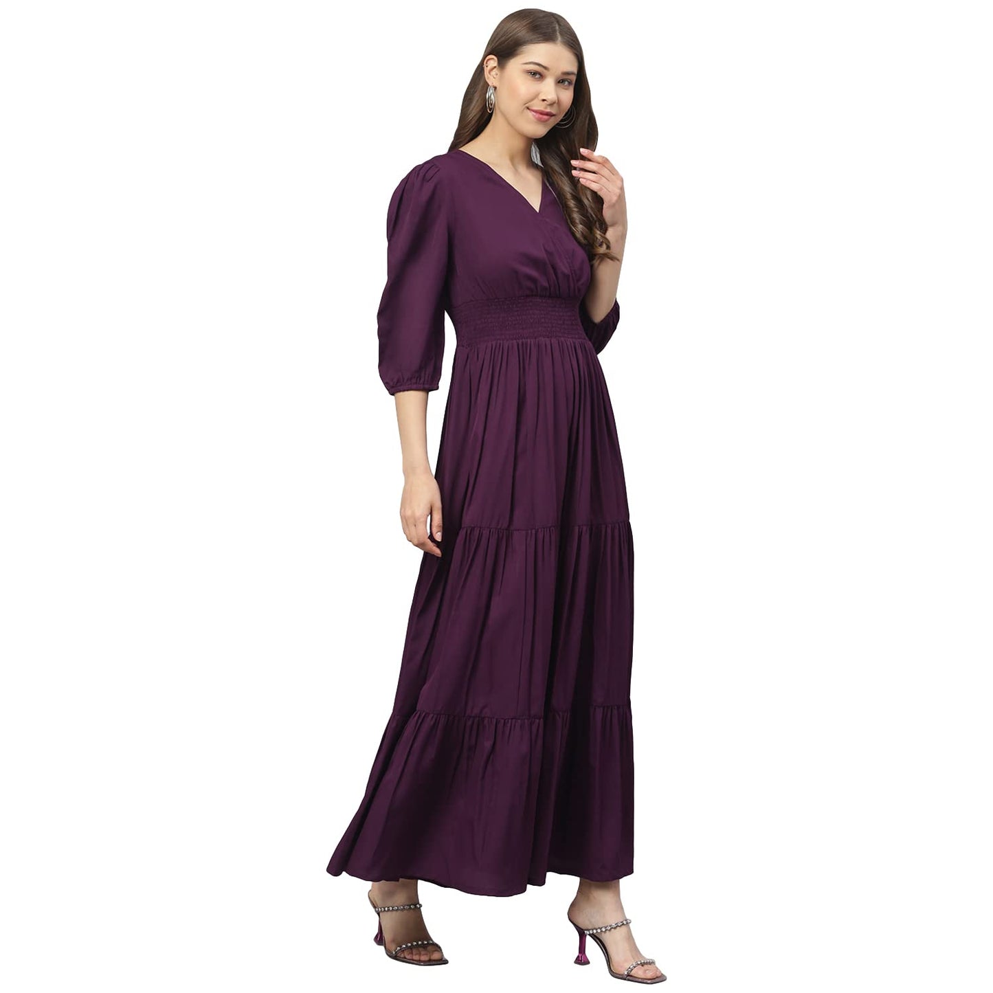DEEBACO Women's Fit & Flare Maxi Dress|V-Neck|Full Length Long Dresses for Women|A-Line Dress|Stylish for Ladies|Beach Dress for Women