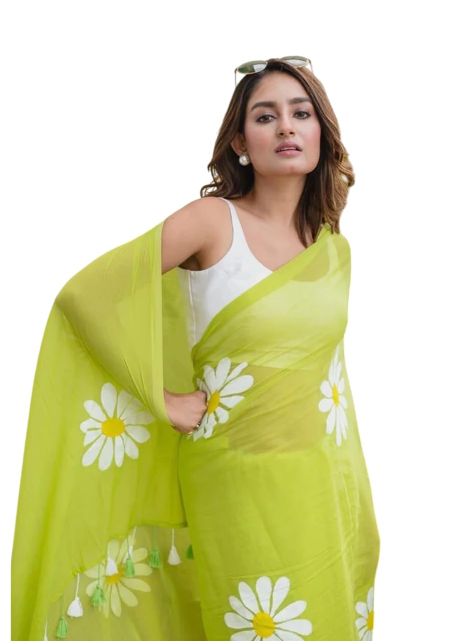 Linen Saree with White Daisy Floral Print, With Blouse