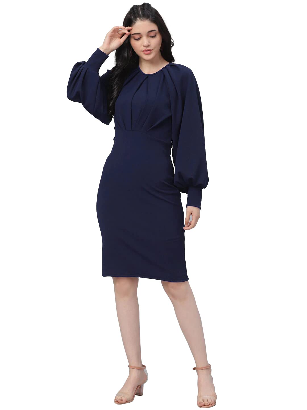 Shasmi Women's Comfortable Mustard Round Neck Full Sleeve Solid Midi Bodycon Casual Western Stylish Dress