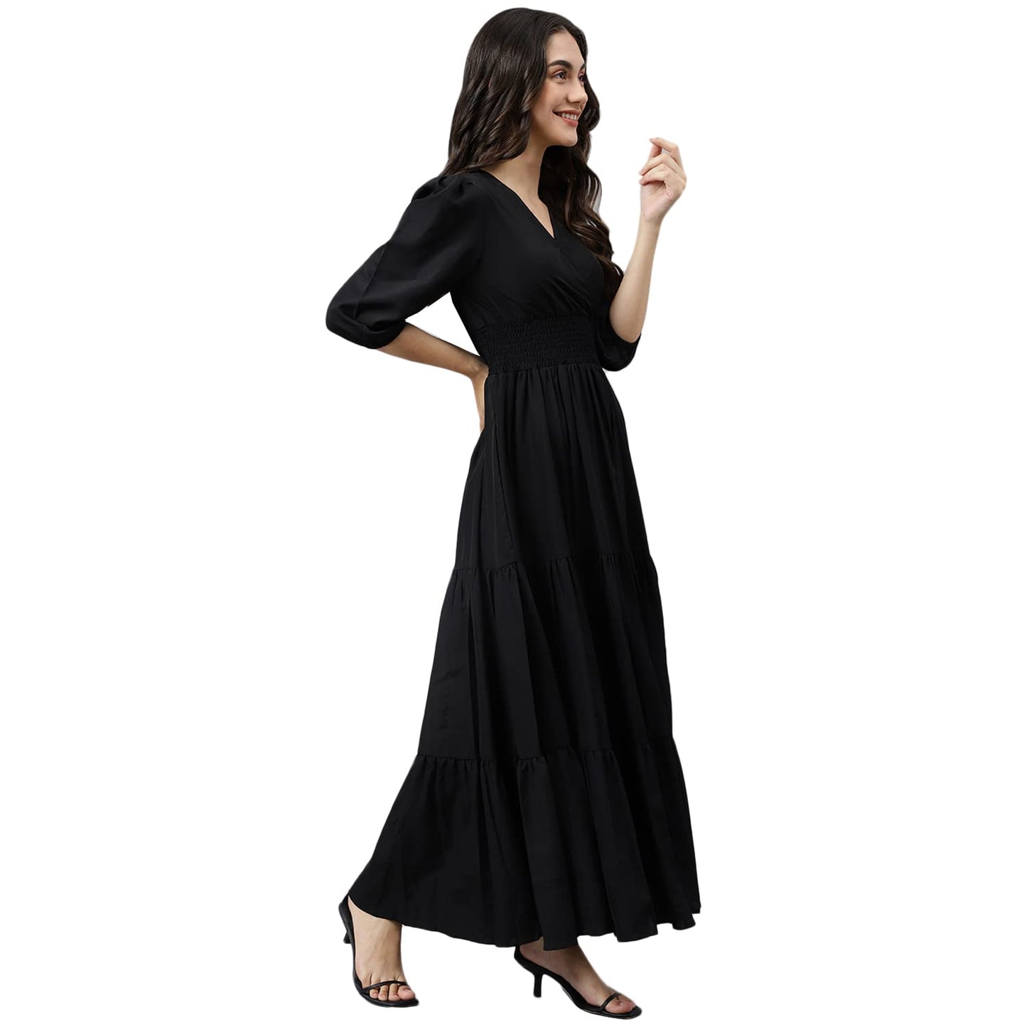 DEEBACO Women's Fit & Flare Maxi Dress|V-Neck|Full Length Long Dresses for Women|A-Line Dress|Stylish for Ladies|Beach Dress for Women