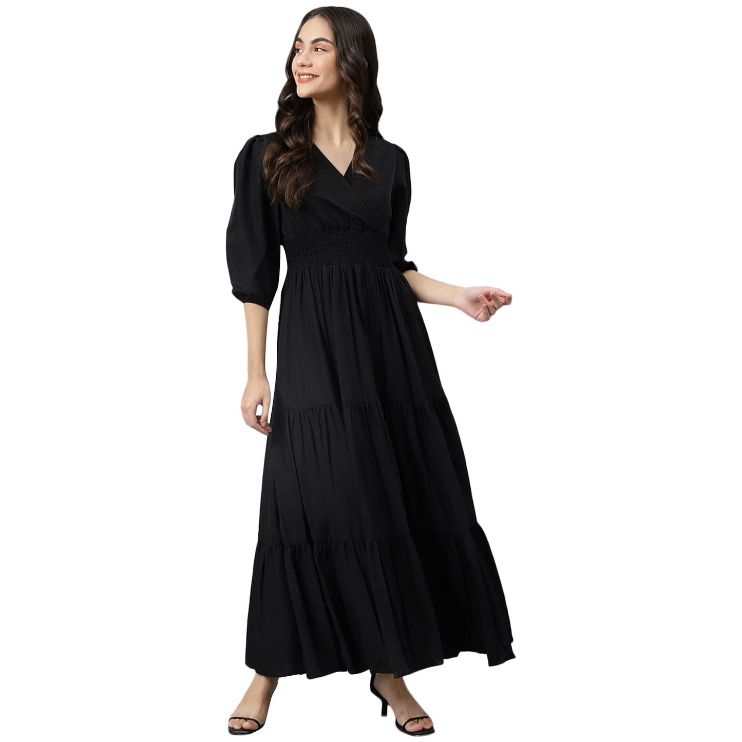 DEEBACO Women's Fit & Flare Maxi Dress|V-Neck|Full Length Long Dresses for Women|A-Line Dress|Stylish for Ladies|Beach Dress for Women