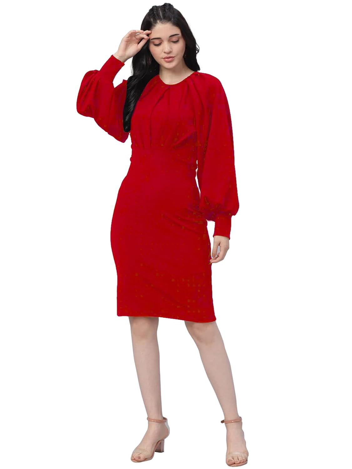 Shasmi Women's Comfortable Mustard Round Neck Full Sleeve Solid Midi Bodycon Casual Western Stylish Dress