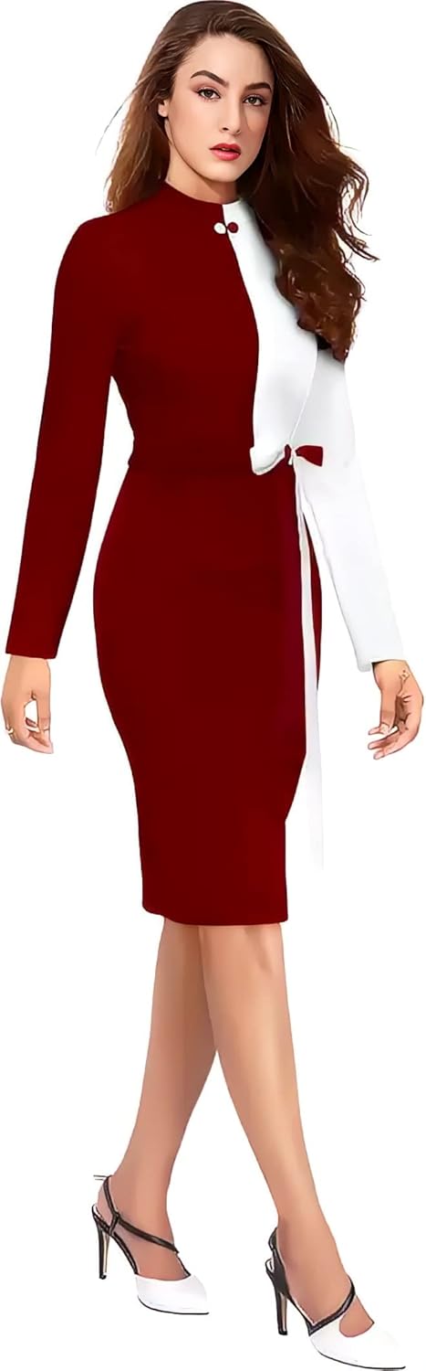 ZELZIS Women Polyester Colourblock Western Bodycon One Piece Dress (Classic Coller with Comfortable Belt)