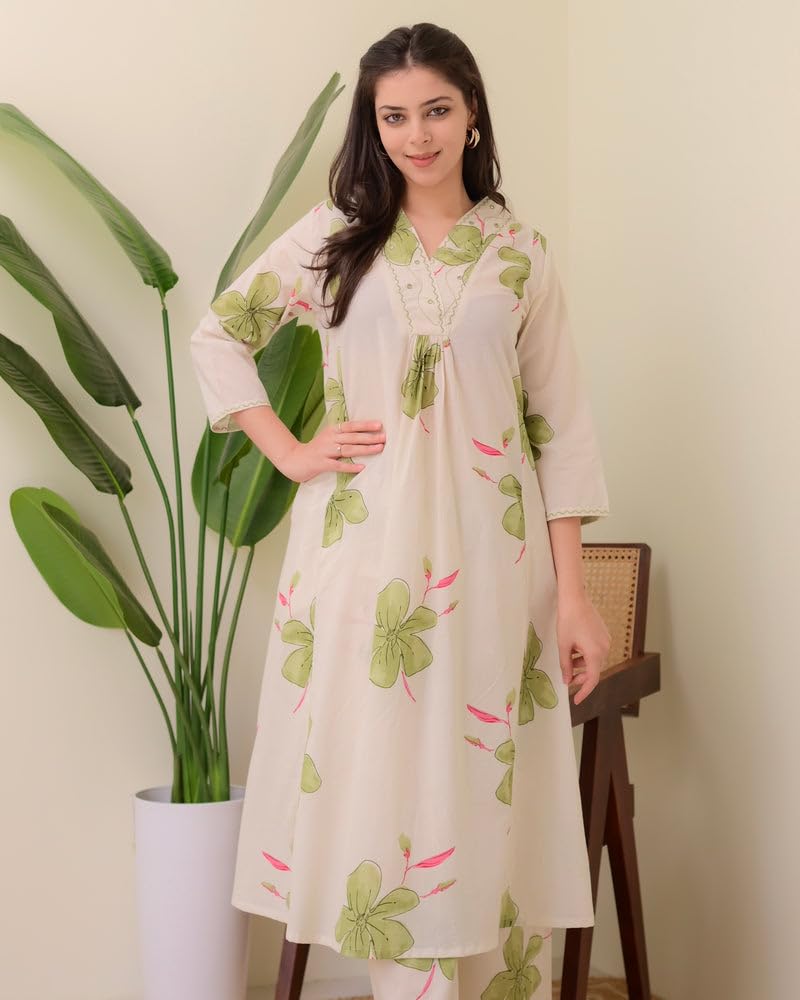 Ivory Green Floral Rayon A LINE Kurta Palazzo Set