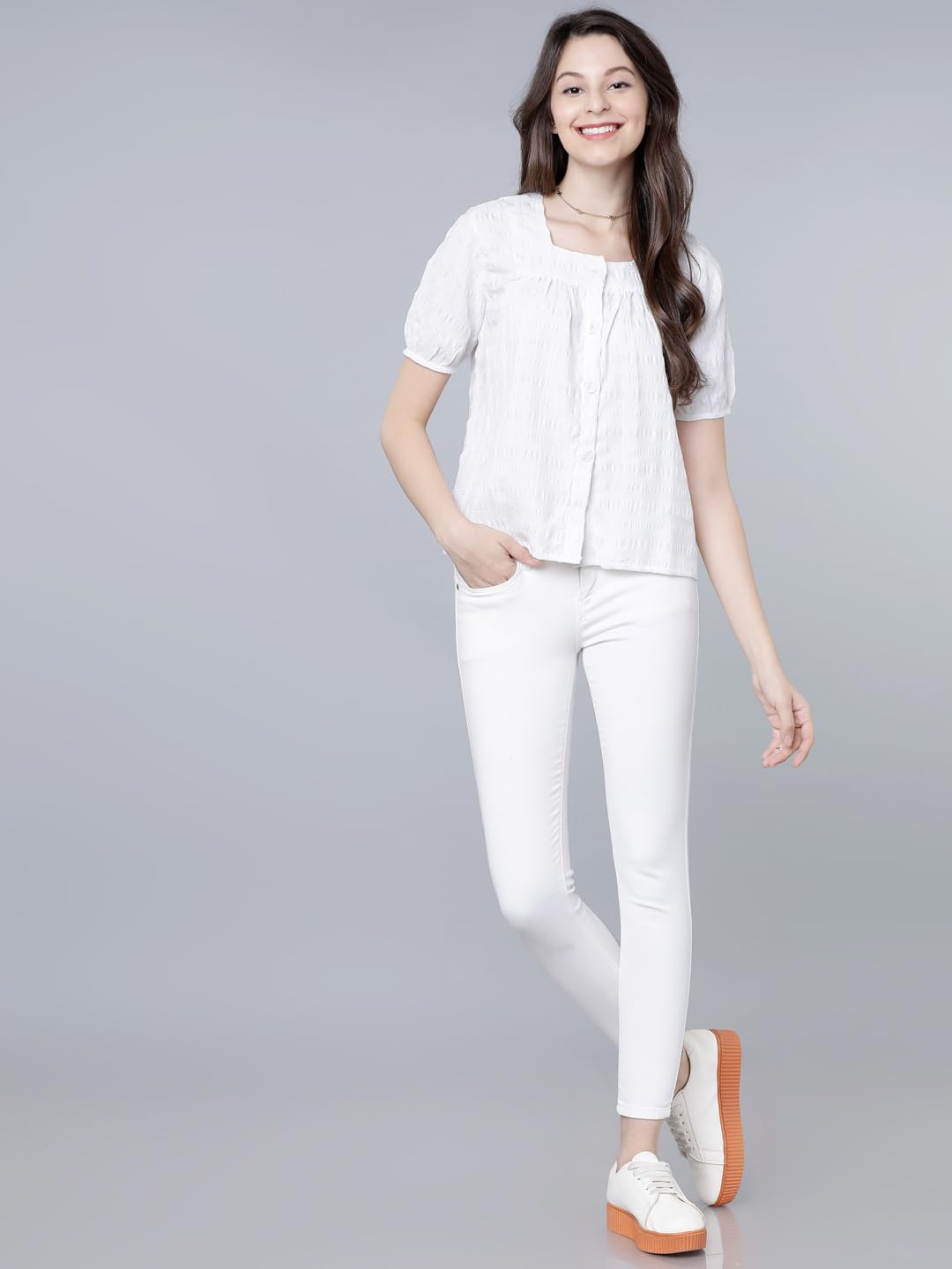 Tokyo Talkies Women's Square Neck Top | Front Button