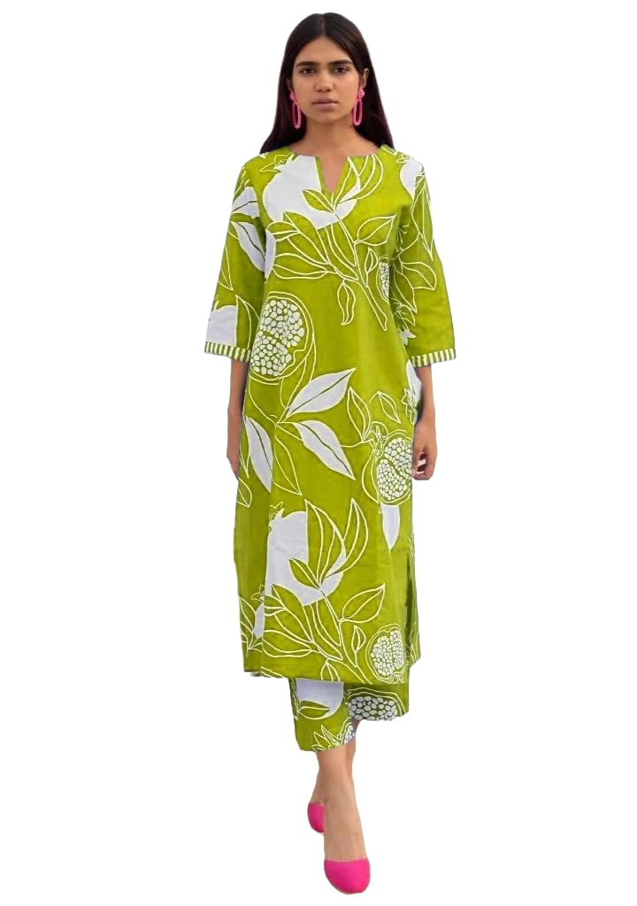 Women's Cotton Blend Straight Printed Kurta with Pant