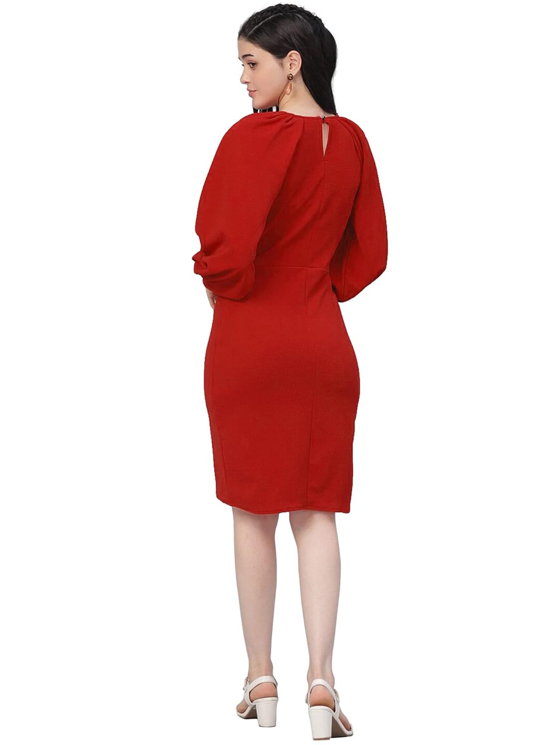 Shasmi Women's Comfortable Mustard Round Neck Full Sleeve Solid Midi Bodycon Casual Western Stylish Dress