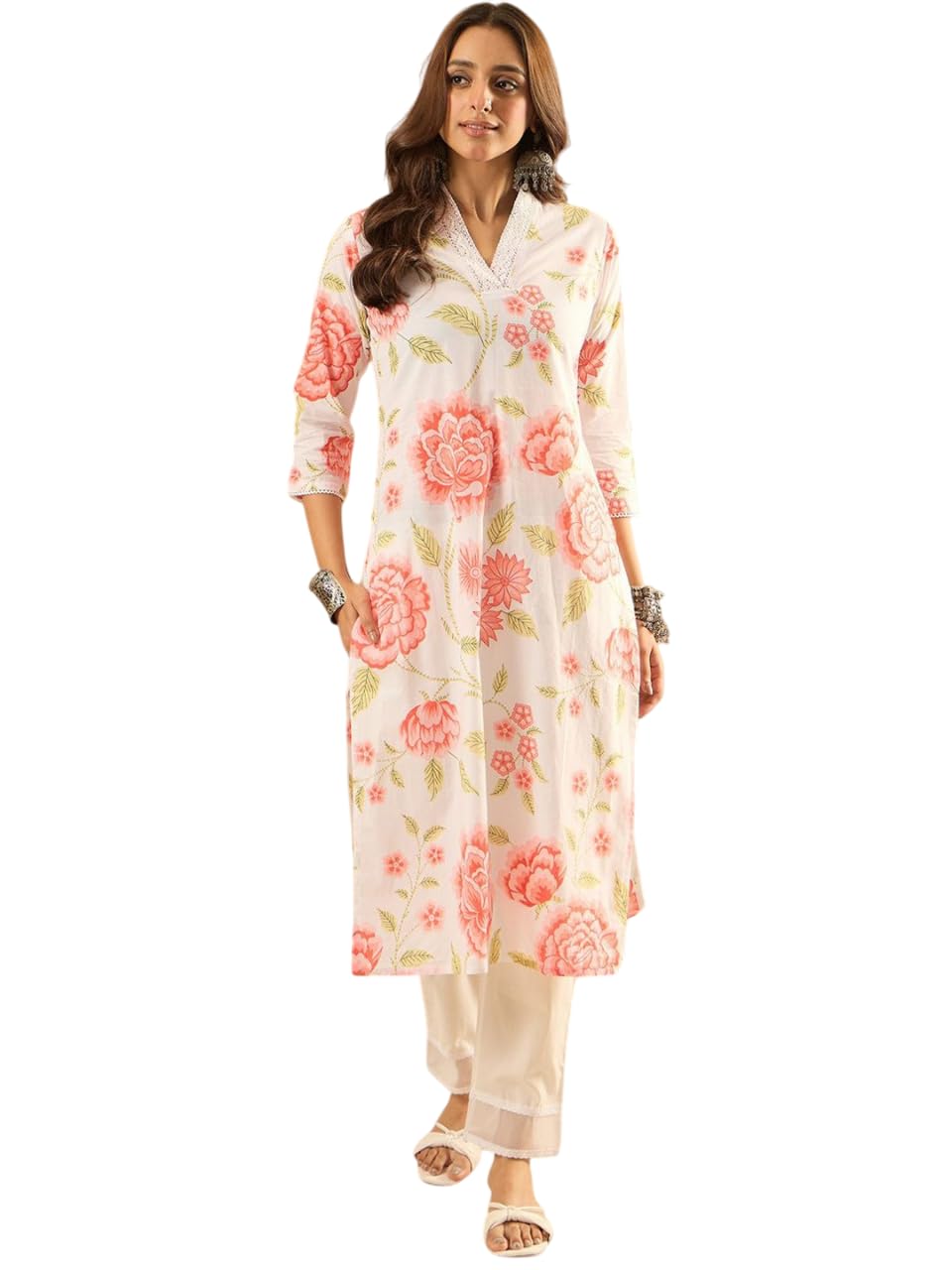 Royal Export Women's Beige Floral Printed Blend Cotton