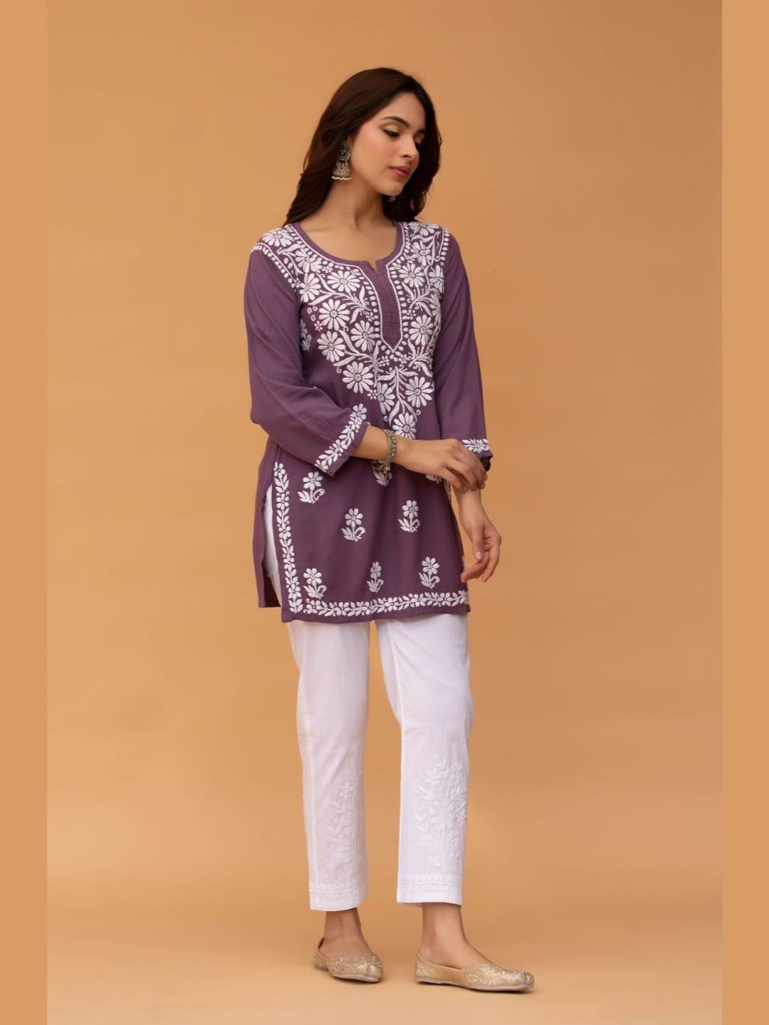 Purple Chikankari Embroidered Cotton Kurti