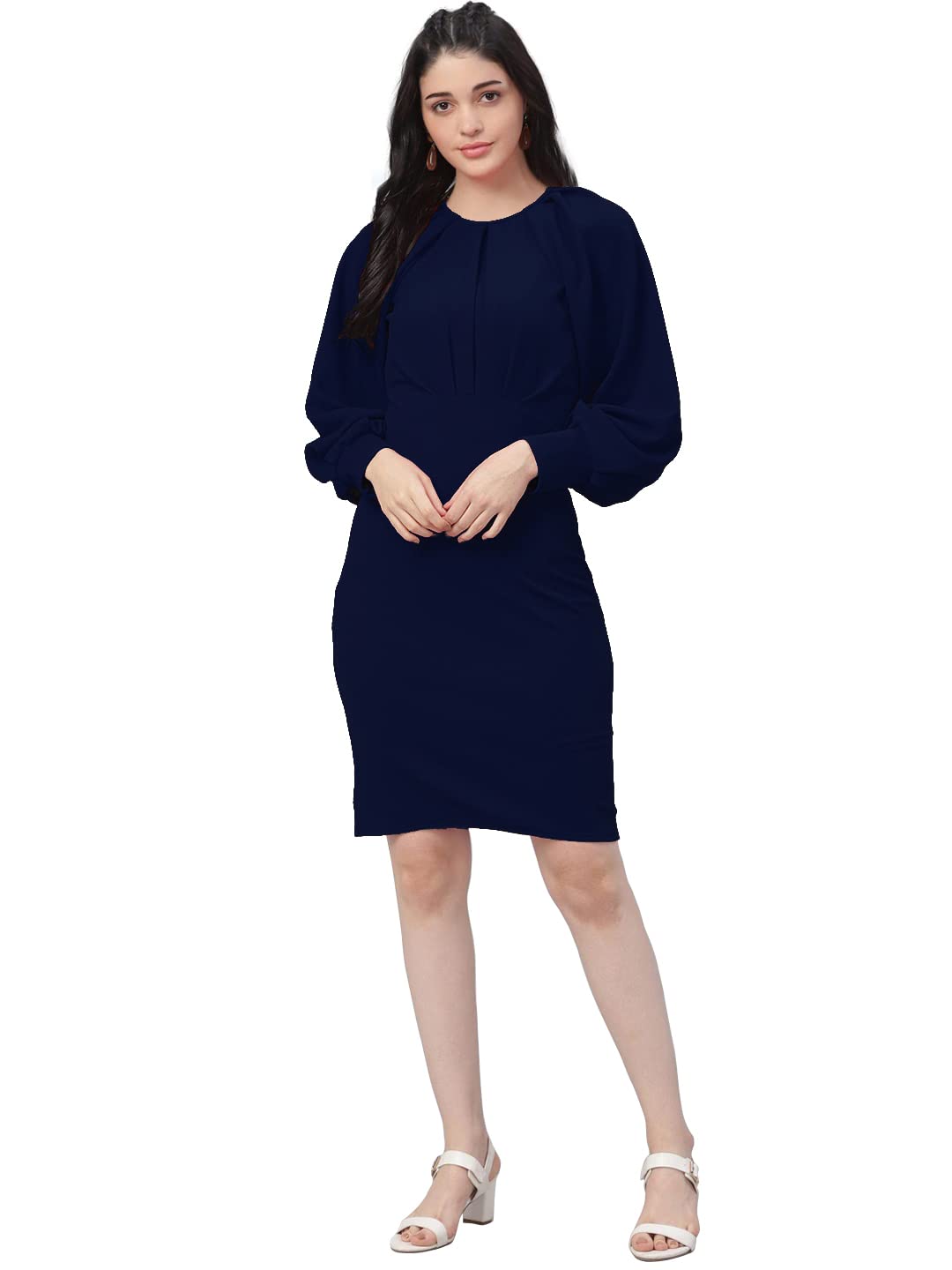 Shasmi Women's Comfortable Mustard Round Neck Full Sleeve Solid Midi Bodycon Casual Western Stylish Dress