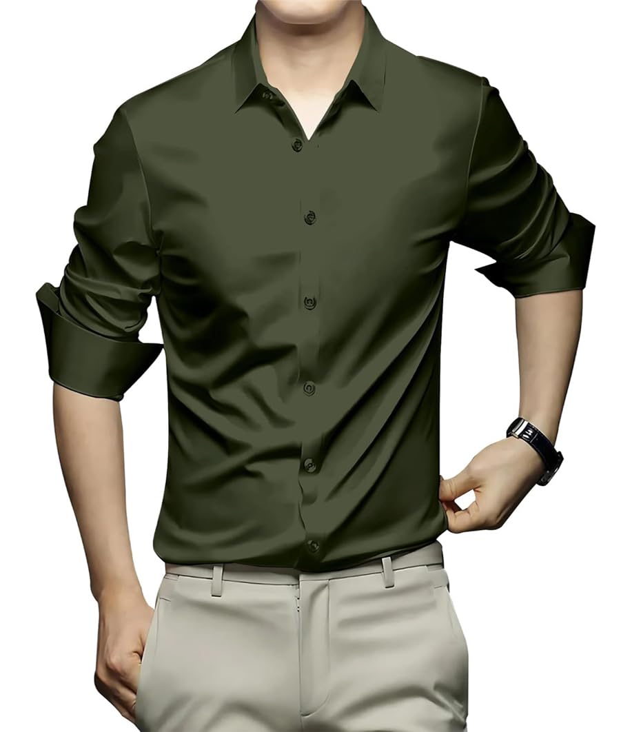 DEELMO Men's Stylish Solid Satin Casual Shirt for Men