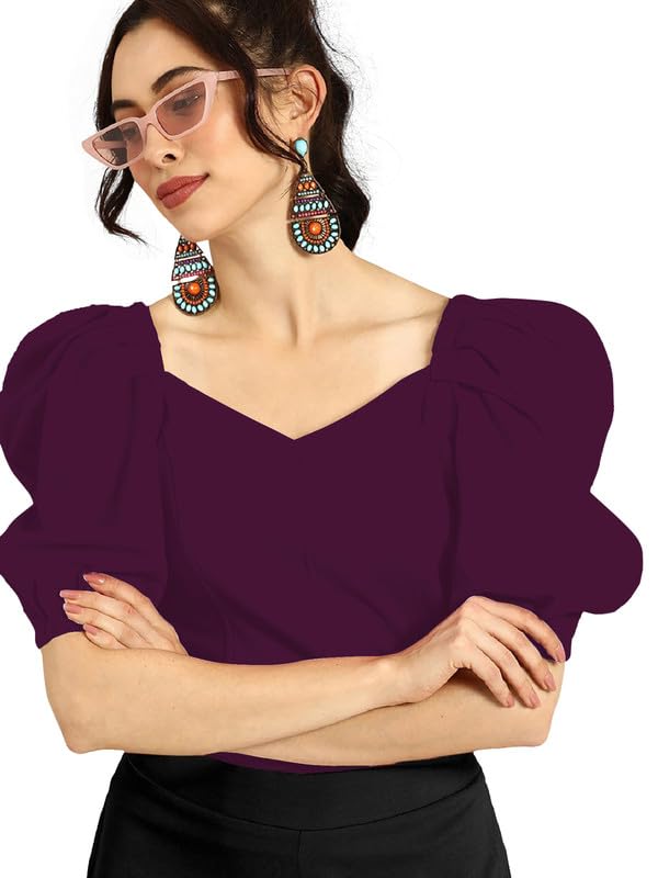 Dream Beauty Fashion Women's Puff/Baloon Sleeves V-Neck Casual Top (Top-MG-1)