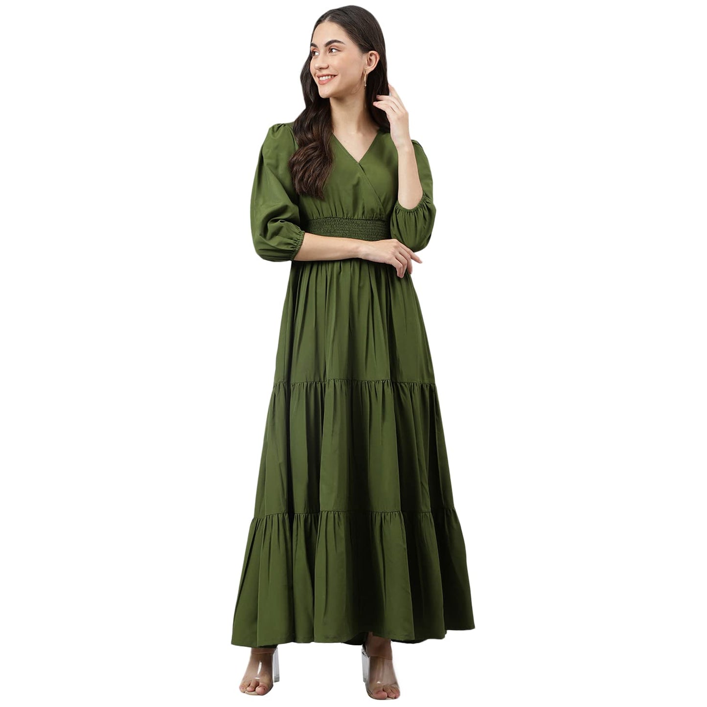 DEEBACO Women's Fit & Flare Maxi Dress|V-Neck|Full Length Long Dresses for Women|A-Line Dress|Stylish for Ladies|Beach Dress for Women