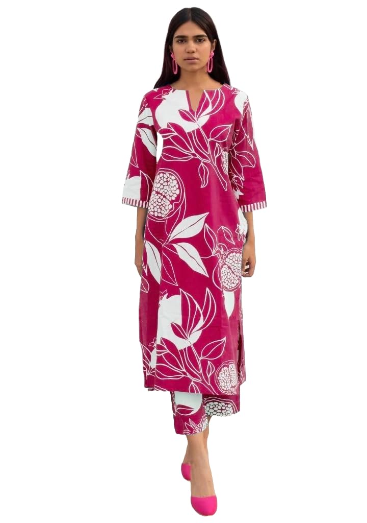 Women's Cotton Blend Straight Printed Kurta with Pant