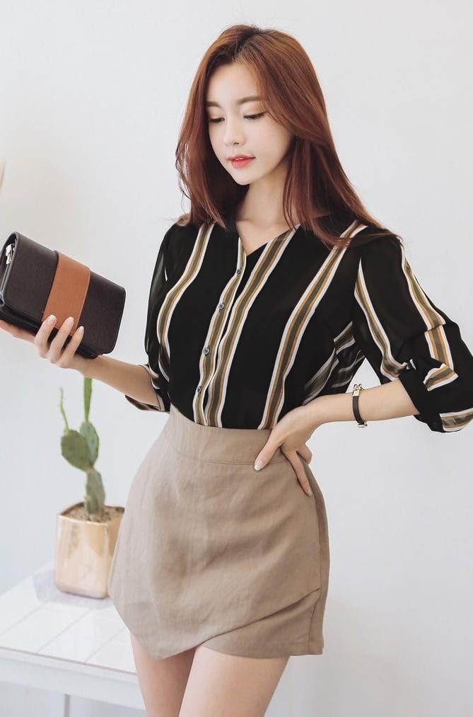 GG Fashion Stylish Striped Western Top for Women | Casual Office Wear Shirt Style Top | Formal Look Ladies Blouse for Daily, Office & Outing – Blue & Black