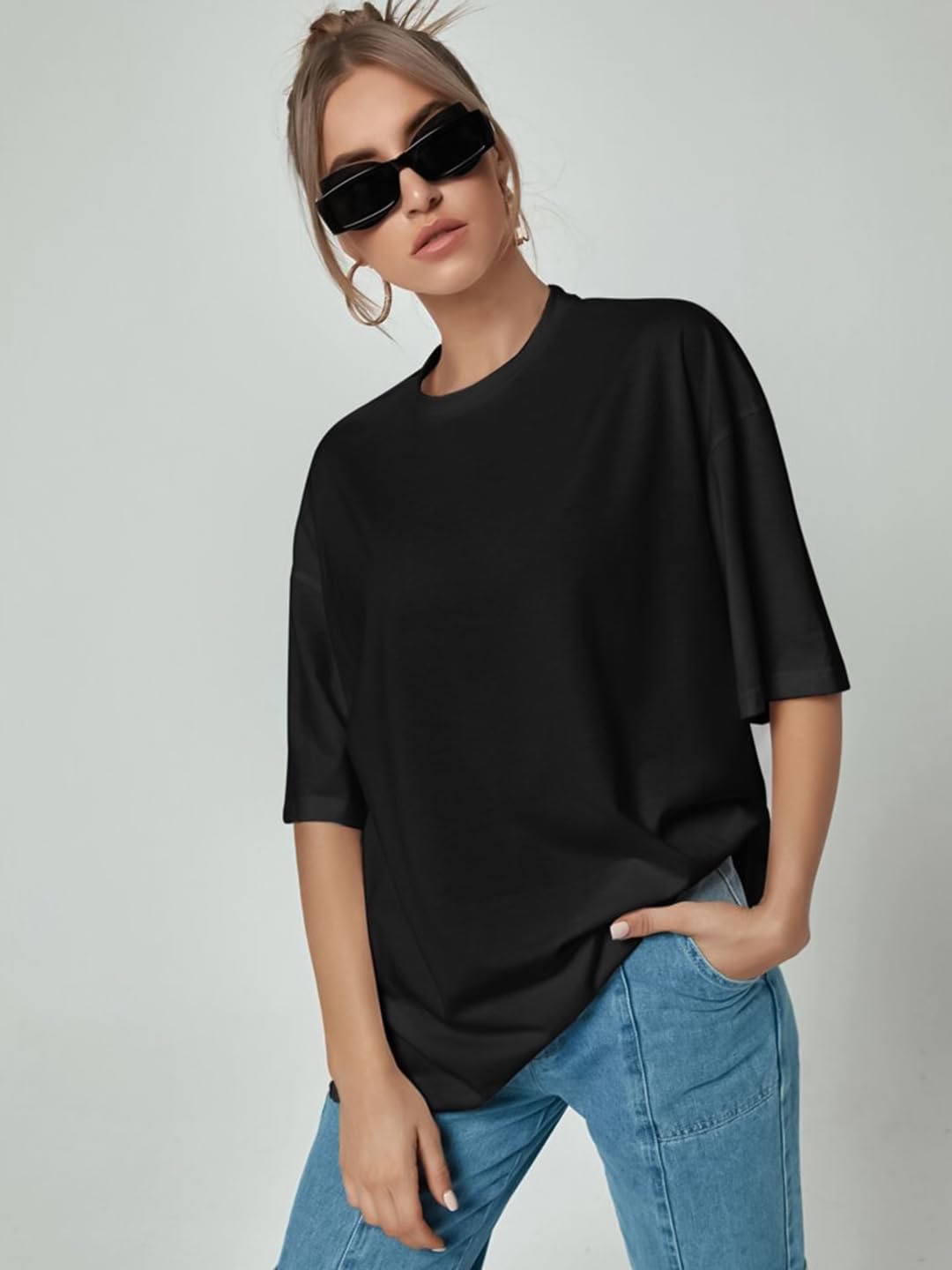 CHKOKKO Oversized Round Neck Drop Shoulder Solid