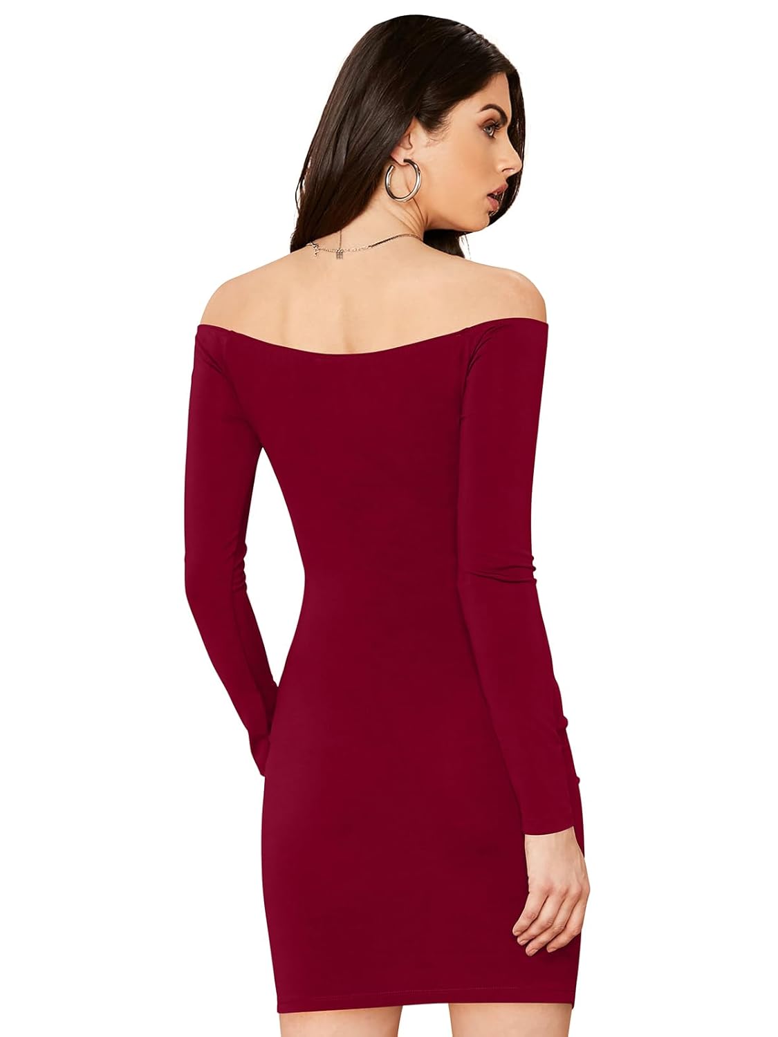 Off-Shoulder Ruched Bodycon Dress, Long Sleeve, Wine Red