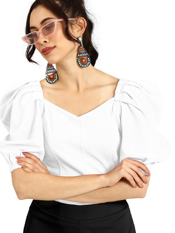 Dream Beauty Fashion Women's Puff/Baloon Sleeves V-Neck Casual Top (Top-MG-1)