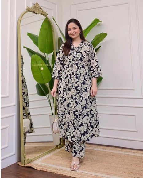 Ivory Green Floral Rayon A LINE Kurta Palazzo Set