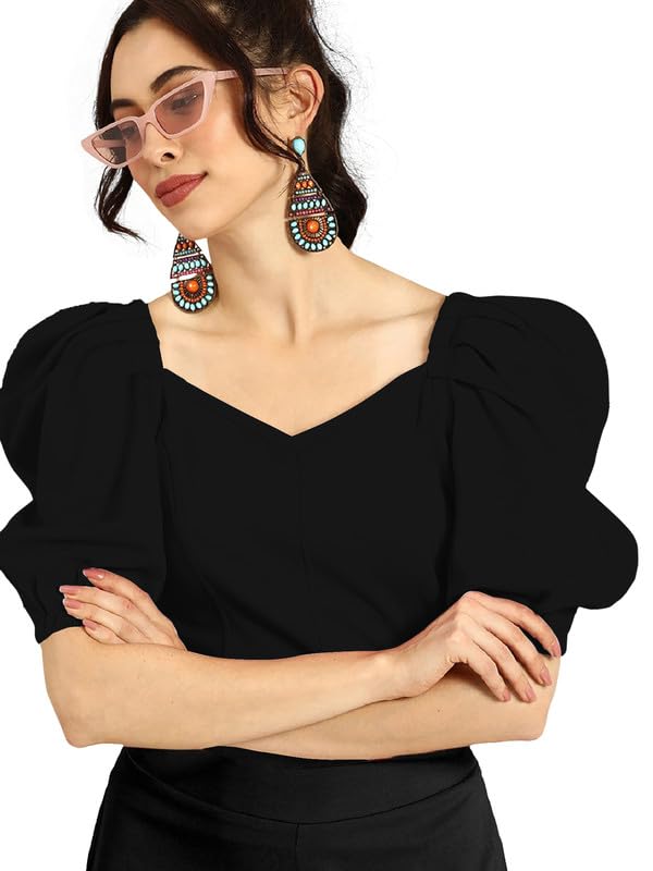 Dream Beauty Fashion Women's Puff/Baloon Sleeves V-Neck Casual Top (Top-MG-1)