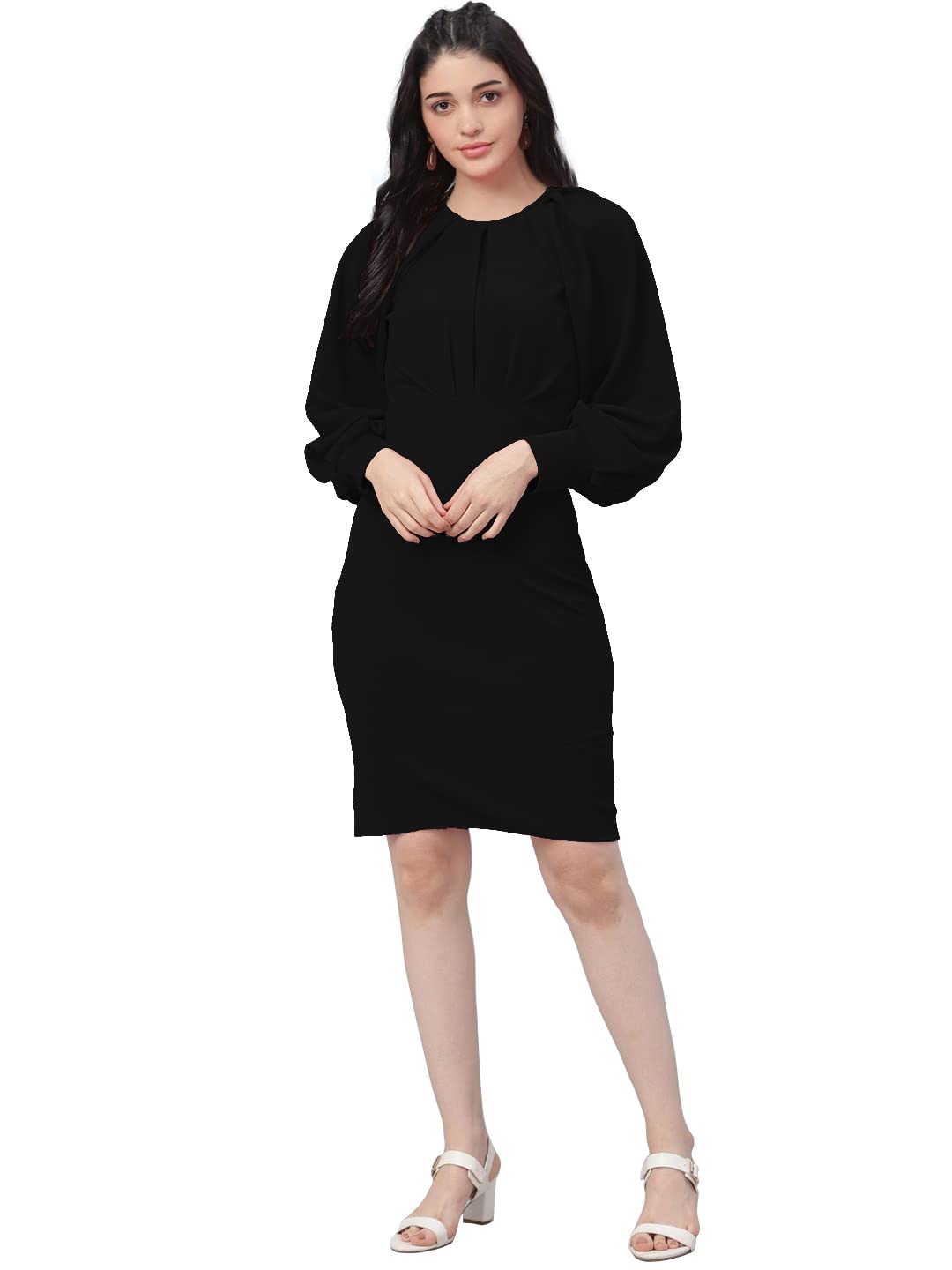 Shasmi Women's Comfortable Mustard Round Neck Full Sleeve Solid Midi Bodycon Casual Western Stylish Dress