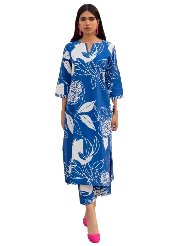 Women's Cotton Blend Straight Printed Kurta with Pant