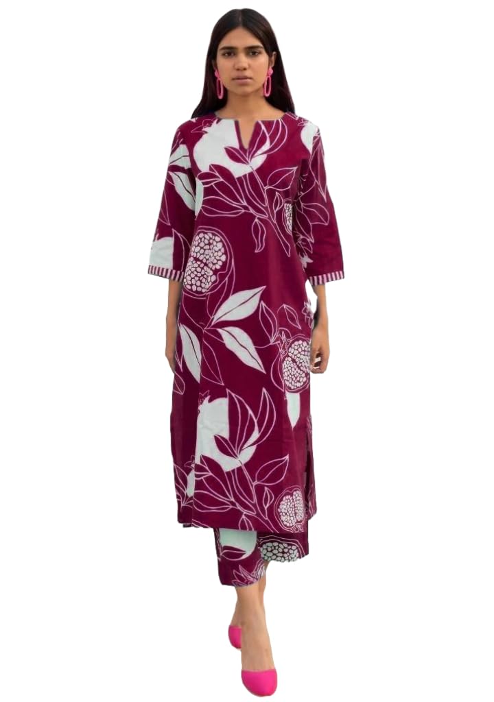 Women's Cotton Blend Straight Printed Kurta with Pant