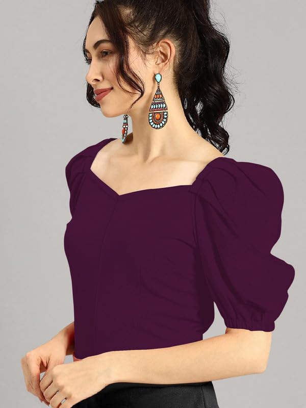 Dream Beauty Fashion Women's Puff/Baloon Sleeves V-Neck Casual Top (Top-MG-1)
