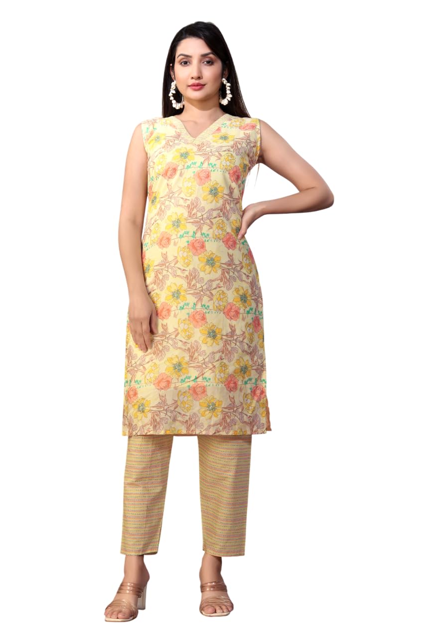 Varni Fabrics Floral Print Cotton Kurti, Sleeveless V-Neck