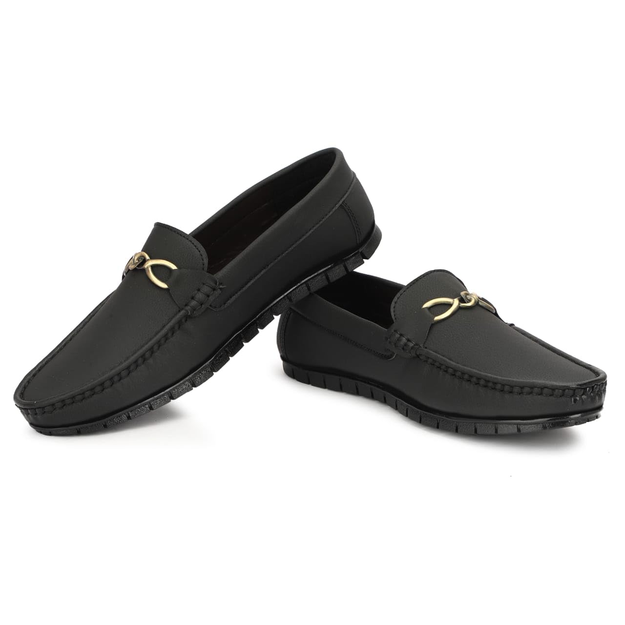 Men's Classic Loafers with Metal Buckle Detail, Black - alphahostel.in