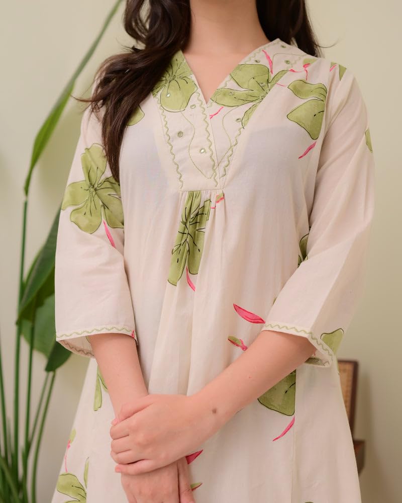 Ivory Green Floral Rayon A LINE Kurta Palazzo Set