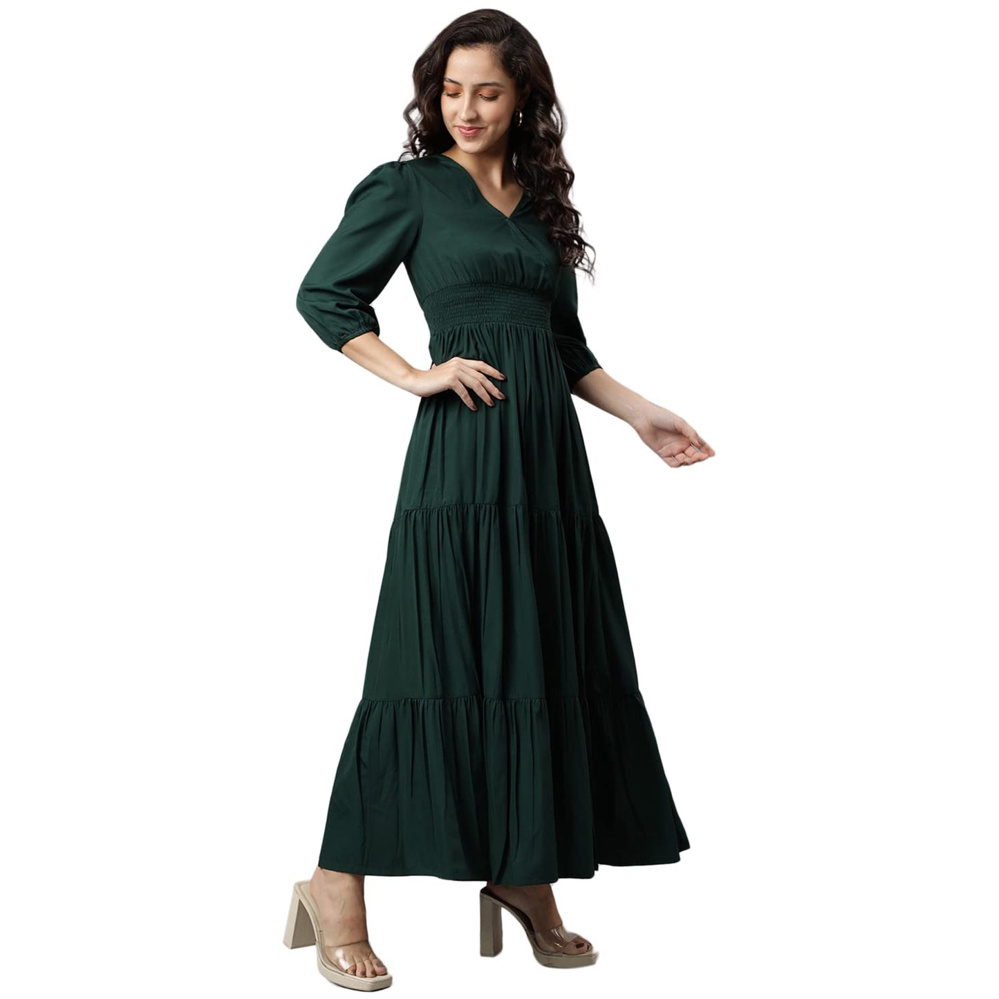 DEEBACO Women's Fit & Flare Maxi Dress|V-Neck|Full Length Long Dresses for Women|A-Line Dress|Stylish for Ladies|Beach Dress for Women