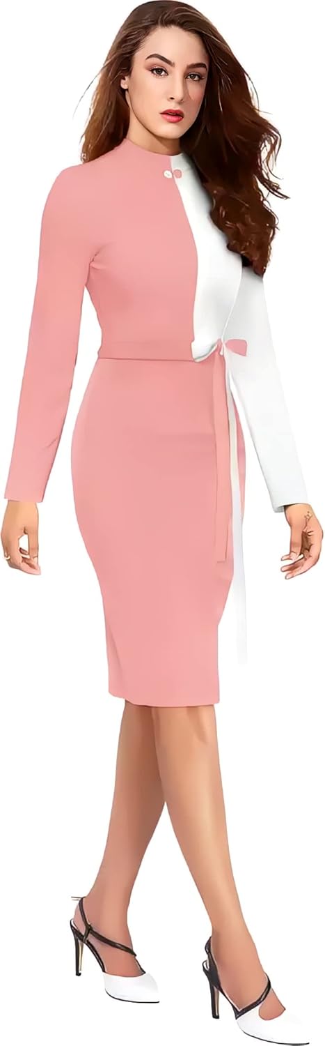 ZELZIS Women Polyester Colourblock Western Bodycon One Piece Dress (Classic Coller with Comfortable Belt)