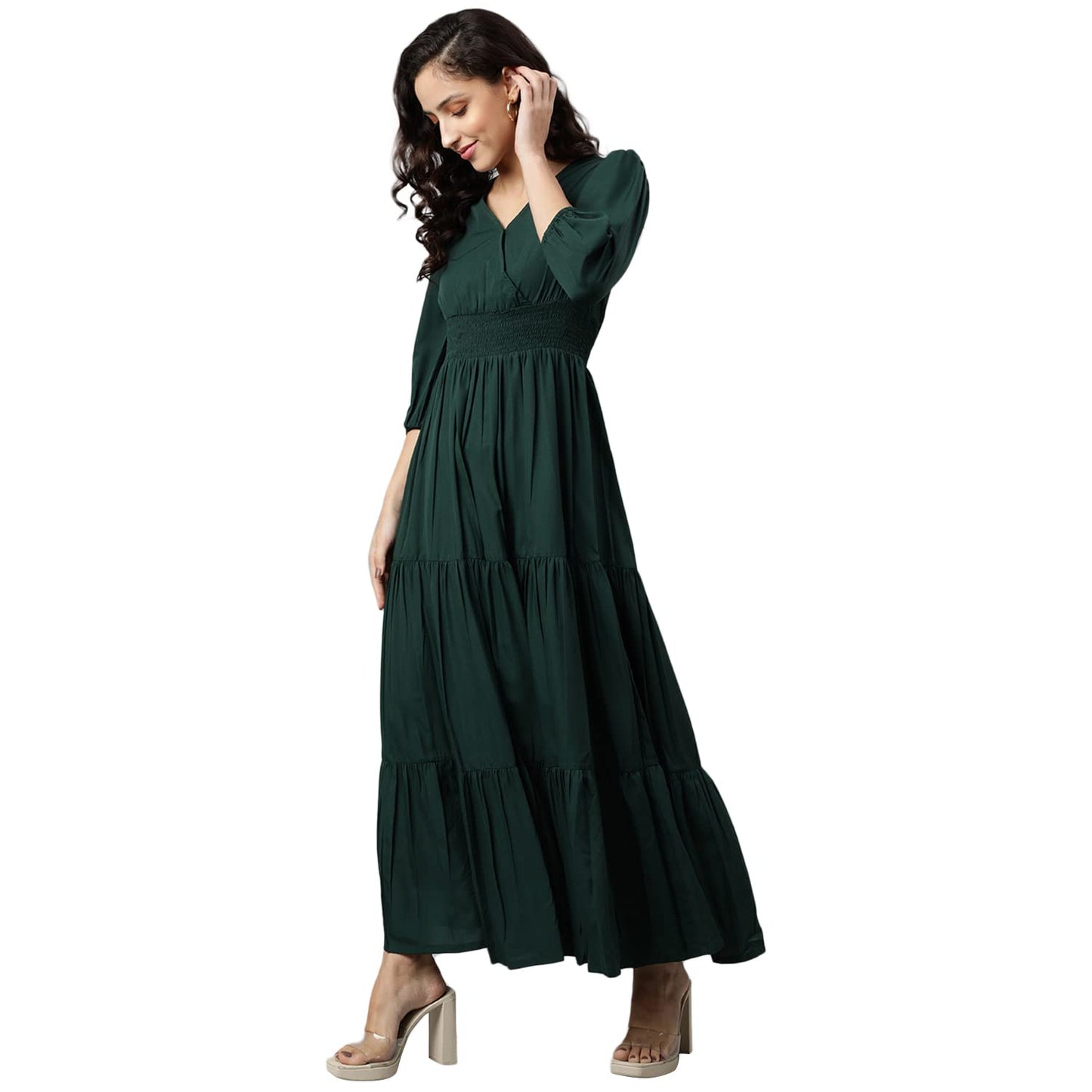 DEEBACO Women's Fit & Flare Maxi Dress|V-Neck|Full Length Long Dresses for Women|A-Line Dress|Stylish for Ladies|Beach Dress for Women